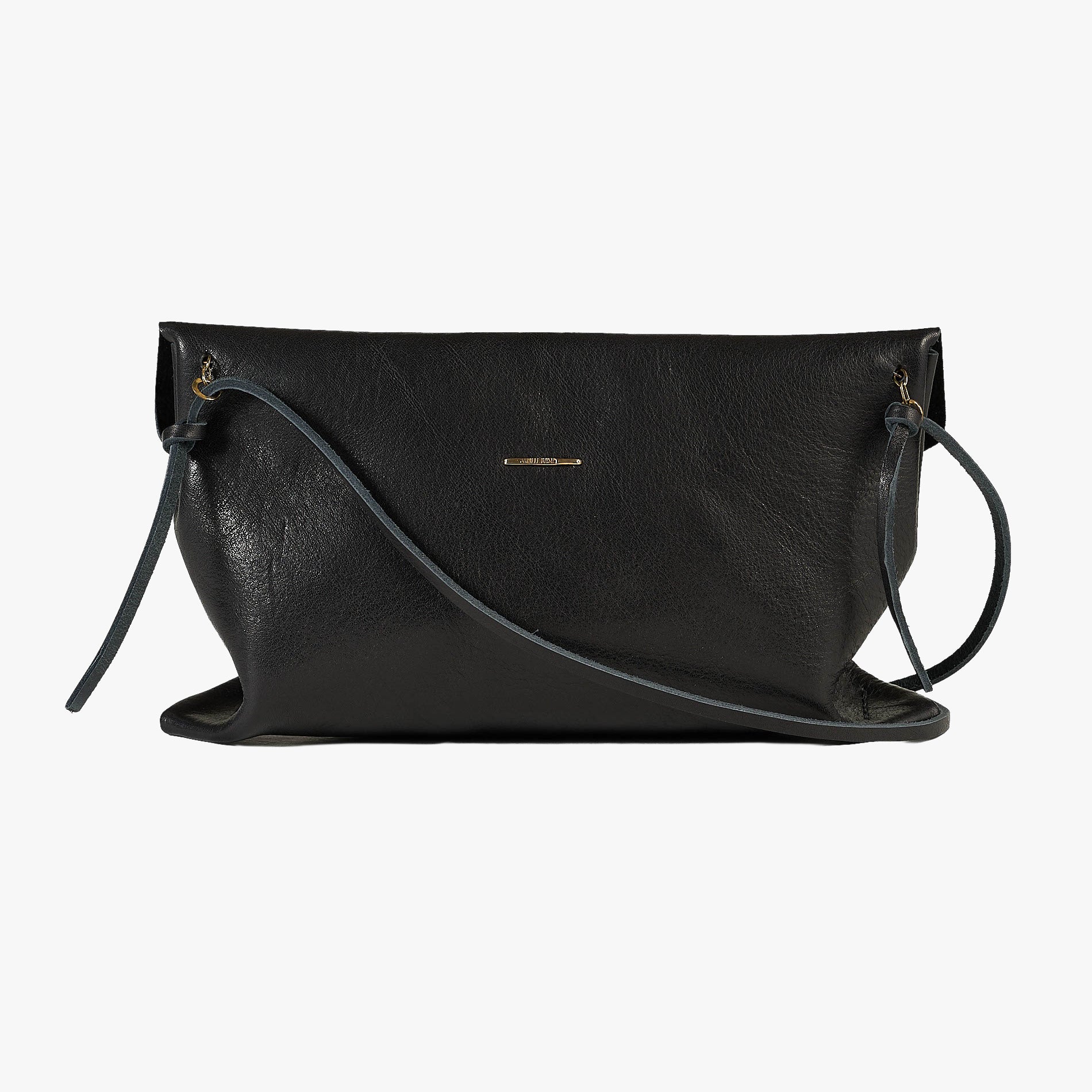 A black textured leather clutch bag with a thin dark strap and a small gold logo plate on the front, shown against a plain white background.