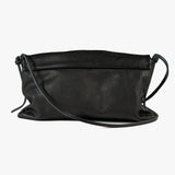 A black leather shoulder bag with a slouchy, envelope-style silhouette and a thin shoulder strap, shown against a plain white background.