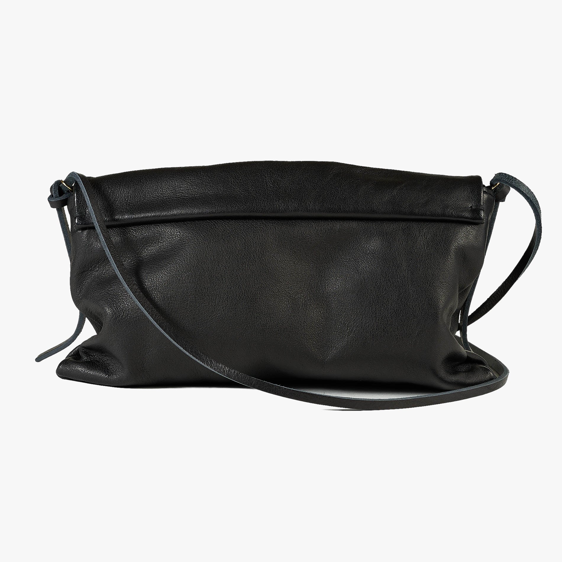 A black leather shoulder bag with a slouchy, envelope-style silhouette and a thin shoulder strap, shown against a plain white background.