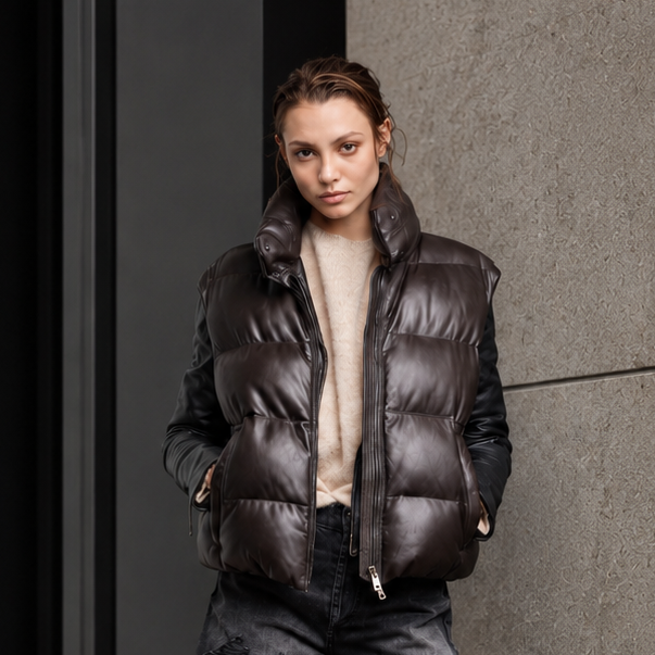 A model stands against a modern concrete and glass building wall, wearing a dark brown puffer vest over a cream sweater, and distressed denim pants.