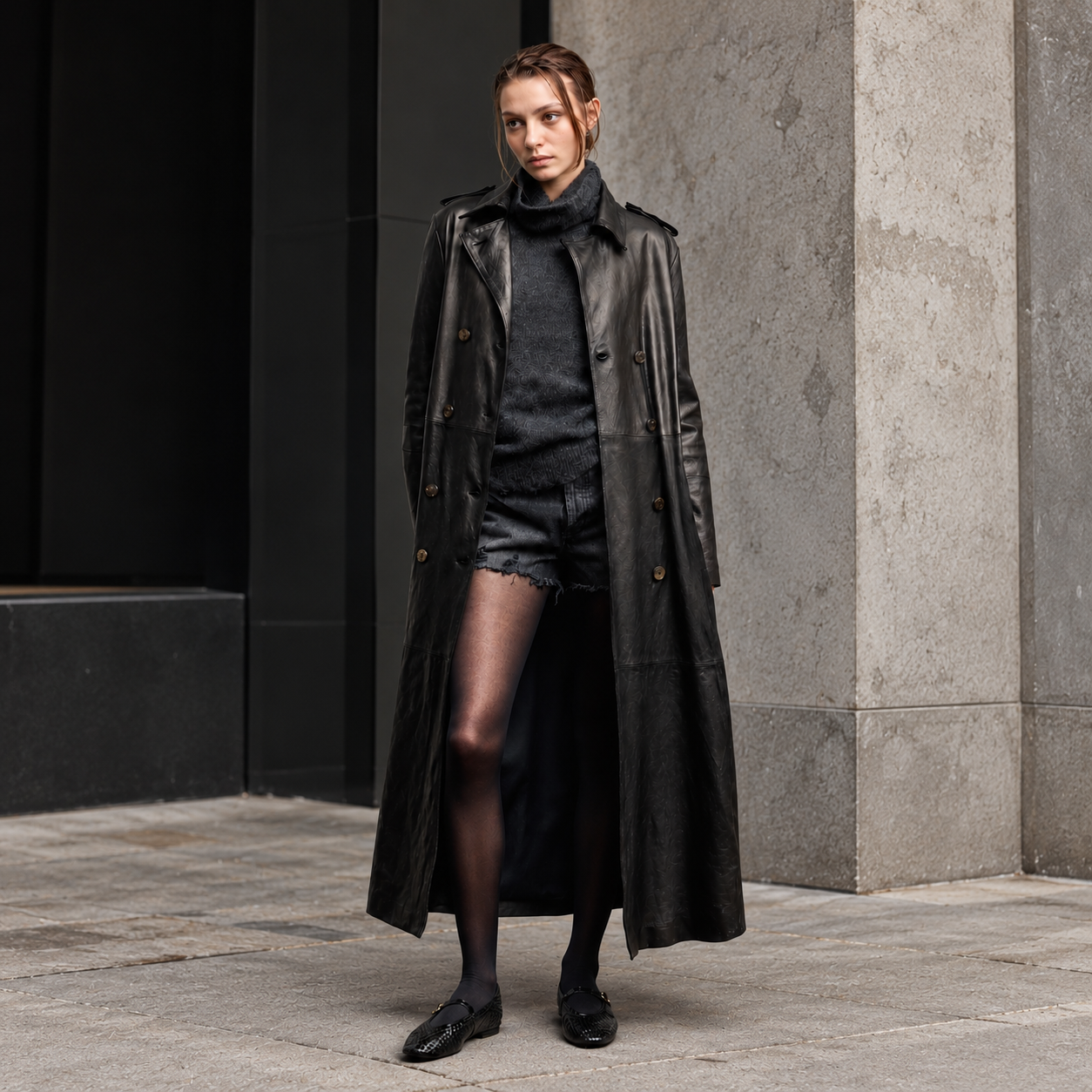 A model stands outdoors in front of a stone column wearing a long black leather trench coat over a dark charcoal turtleneck sweater, black shorts, sheer black tights, and black leather loafers.
