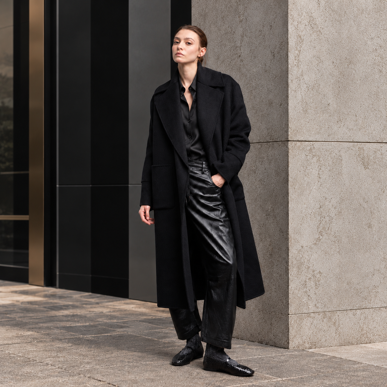 A woman stands outdoors against a modern building wall wearing a long black overcoat over a black shirt and leather pants, with black shoes.