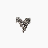 A silver-toned leaf-shaped ring with diamonds set in each leaf, shown against a plain white background.