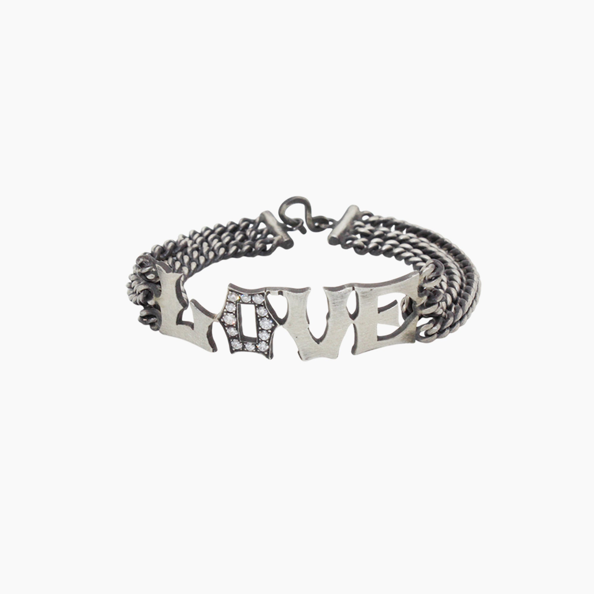 Multi-chain sterling silver bracelet with 'LOVE' in blackletter and diamond details