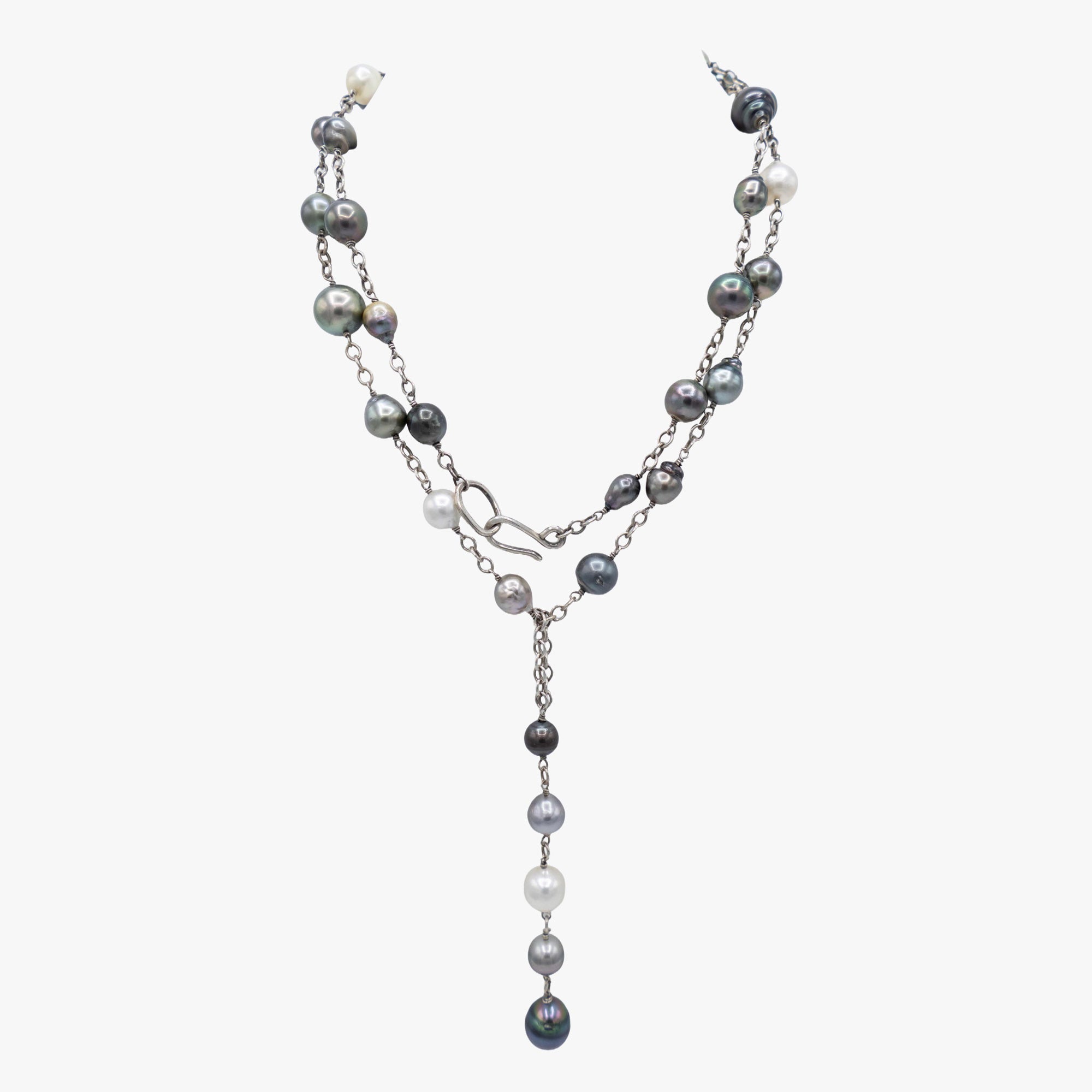 Pearl lariat necklace on sterling silver chain