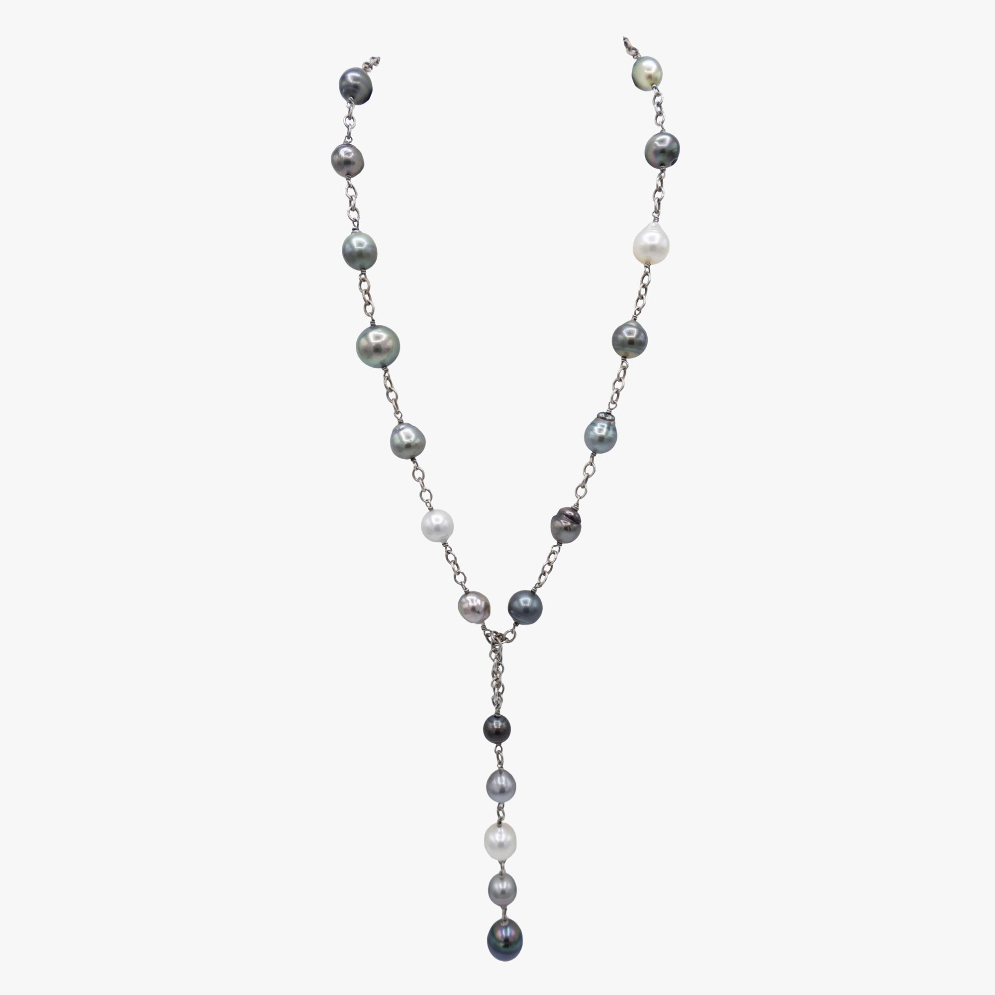 Pearl lariat necklace on sterling silver chain