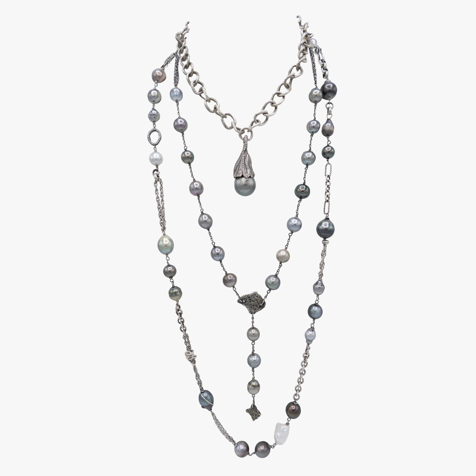 Multiple sterling silver and Tahitian pearl necklaces