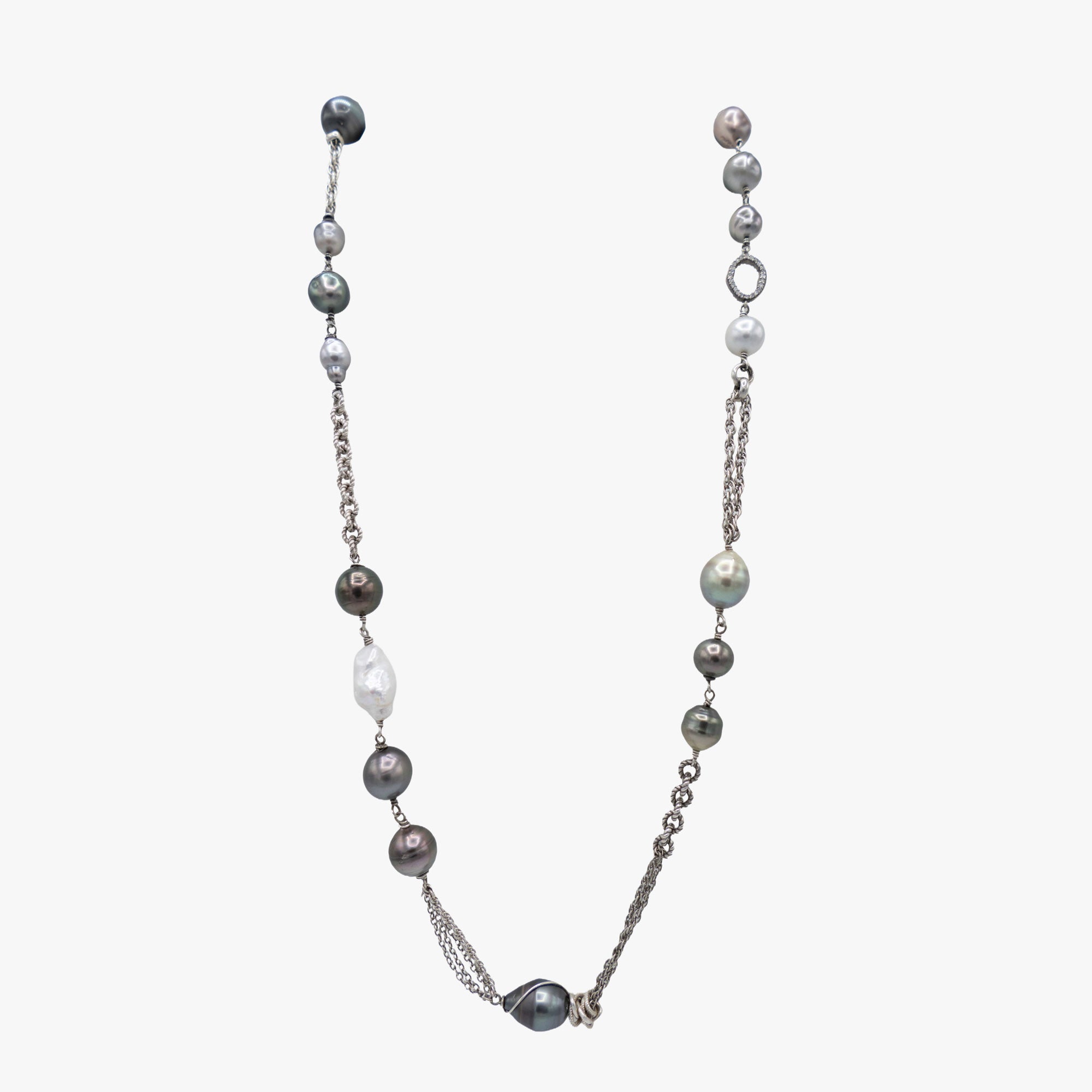 A long pearl and sterling silver necklace