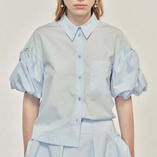 Blue Cropped Bow Puff Sleeve Shirt