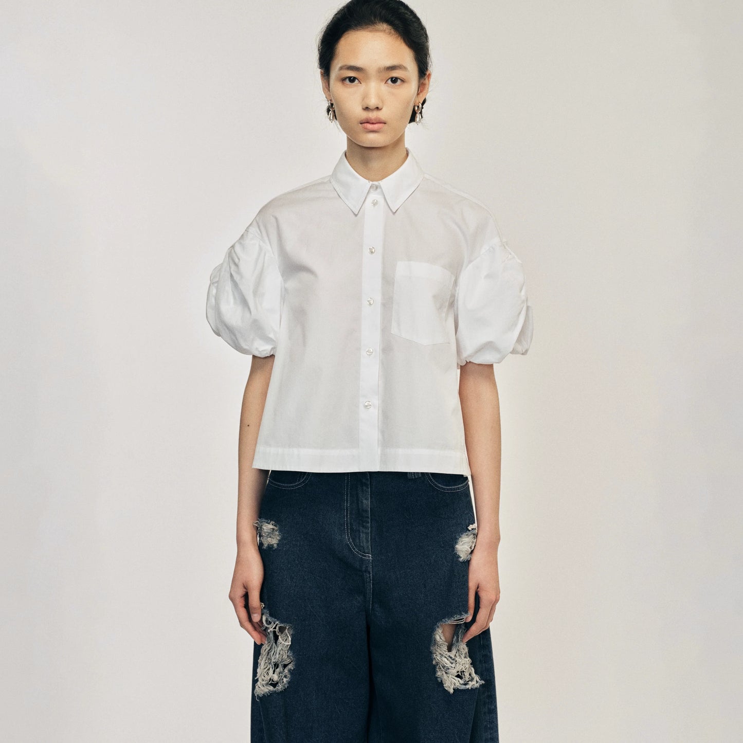 White Cropped Bow Puff Sleeve Shirt