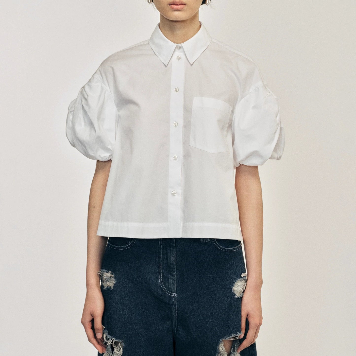 White Cropped Bow Puff Sleeve Shirt