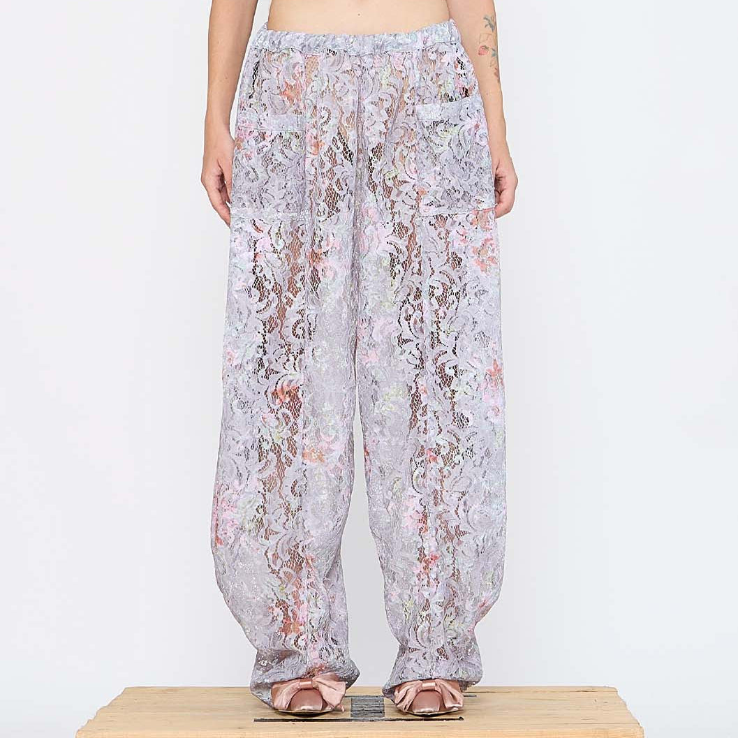 Model wearing Barbara Bologna Floral Lace Bubble Pants