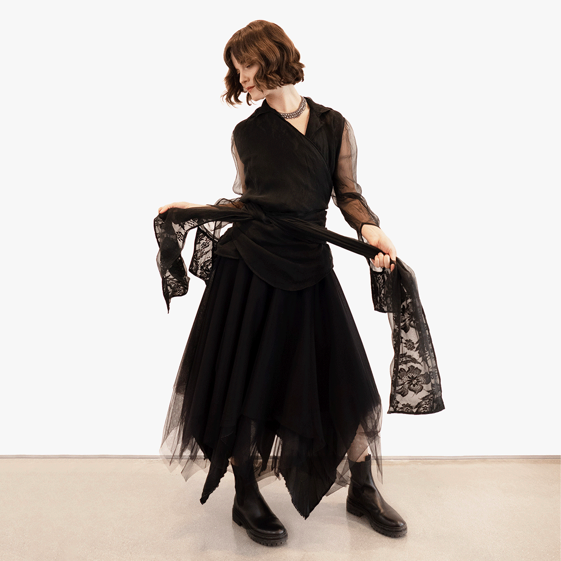 Model wearing Marc le Bihan tulle skirt and organza blouse