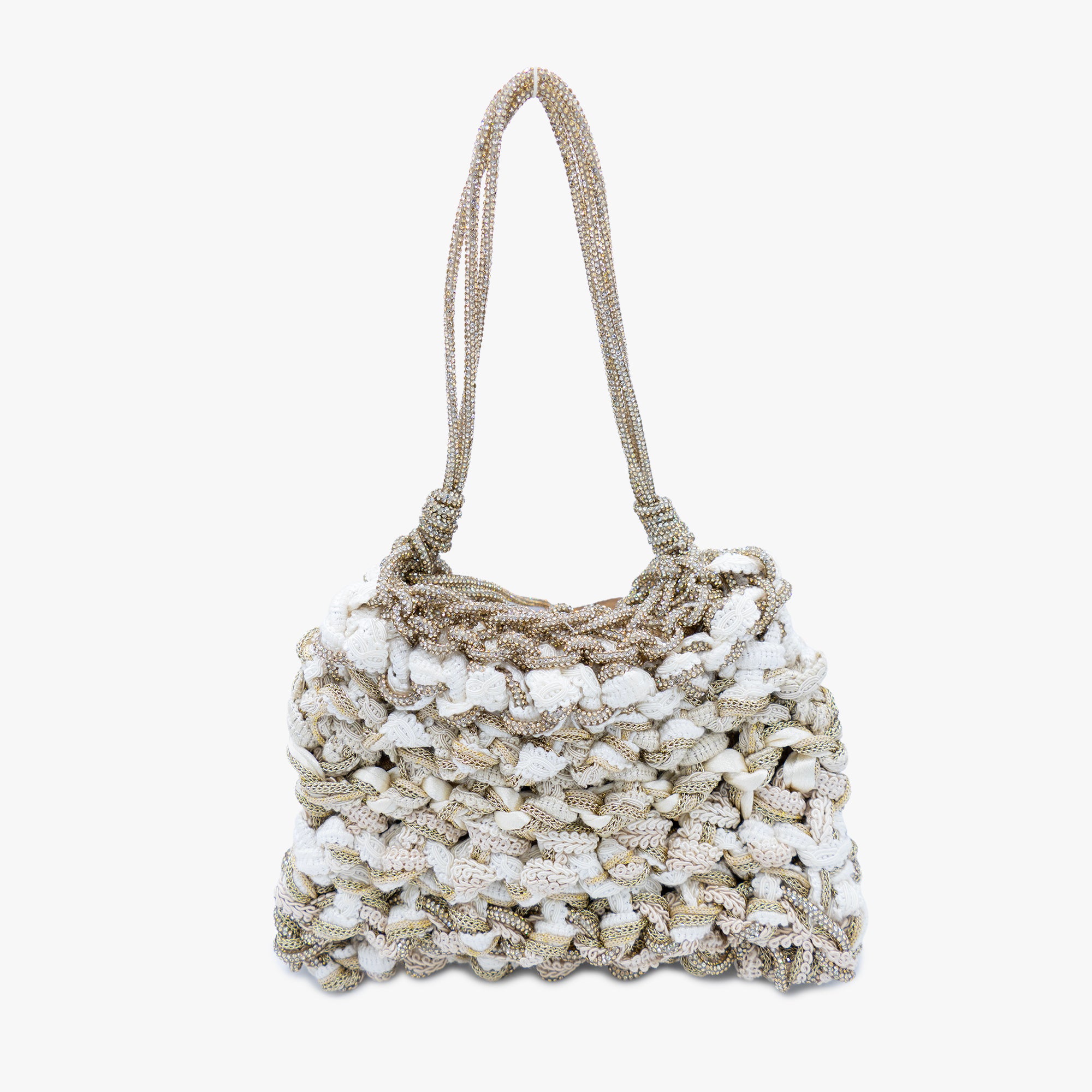 Mela One-of-a-Kind Ivory Bag — handmade woven Zirconia bag in ivory with sequin pouch, made in South Italy