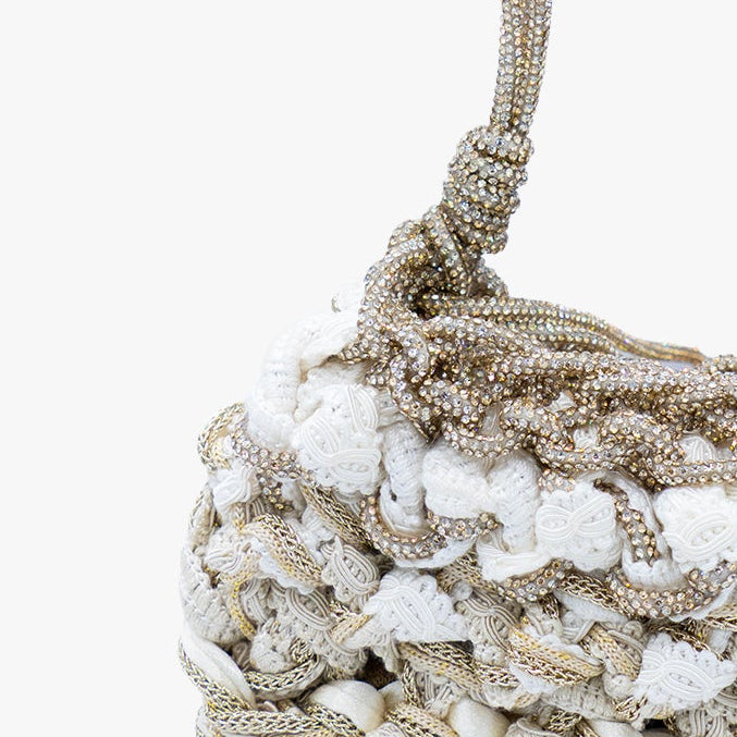 Mela One-of-a-Kind Ivory Bag — handmade woven Zirconia bag in ivory with sequin pouch, made in South Italy