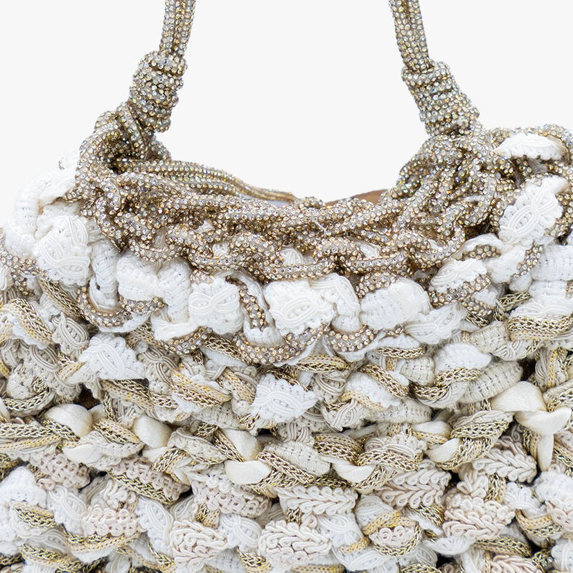 Mela One-of-a-Kind Ivory Bag — handmade woven Zirconia bag in ivory with sequin pouch, made in South Italy