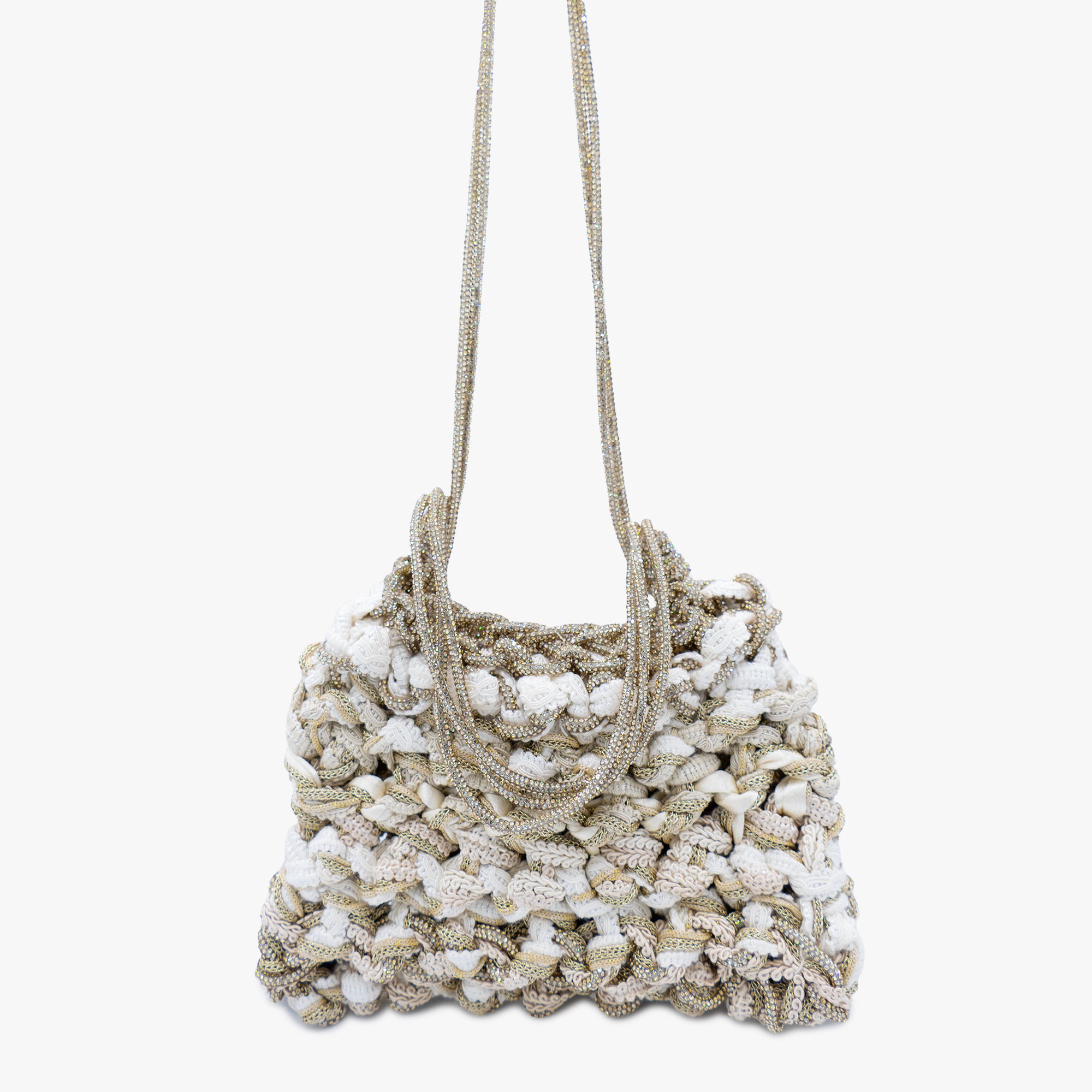 Mela One-of-a-Kind Ivory Bag — handmade woven Zirconia bag in ivory with sequin pouch, made in South Italy