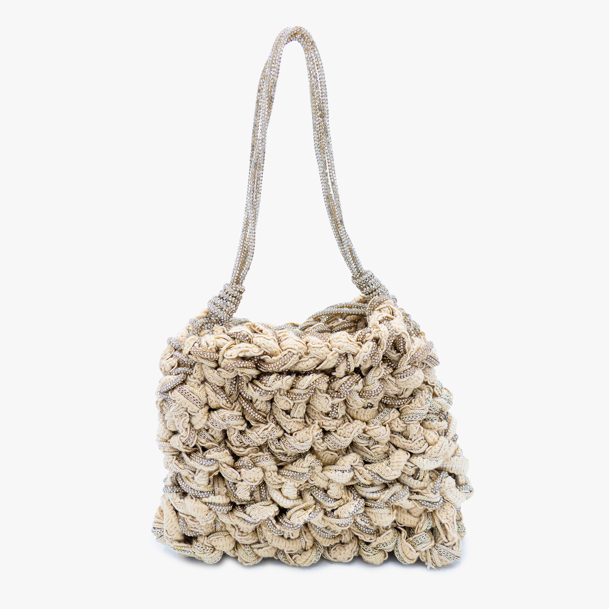 Mela One-of-a-Kind Linen Bag — handmade woven linen and Zirconia bag with sequin pouch and dual straps, made in South Italy