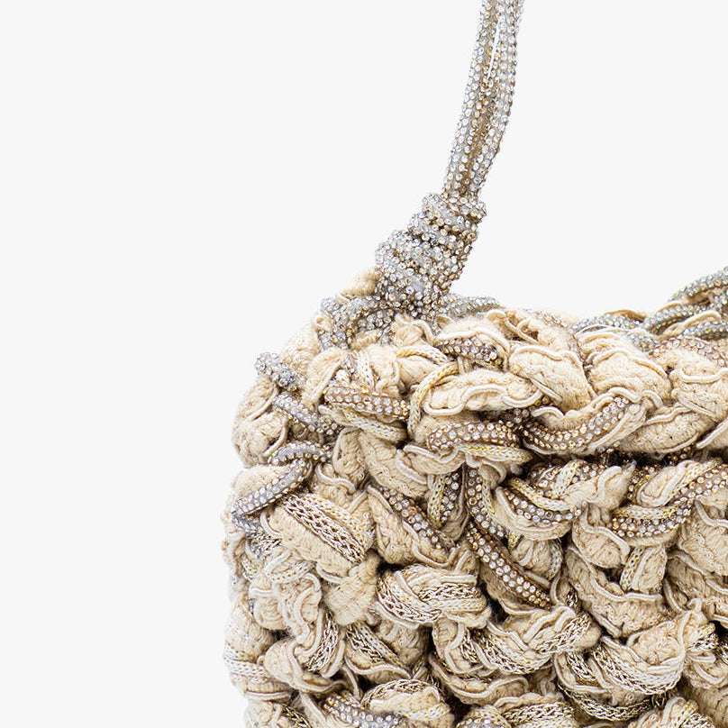 Mela One-of-a-Kind Linen Bag — handmade woven linen and Zirconia bag with sequin pouch and dual straps, made in South Italy
