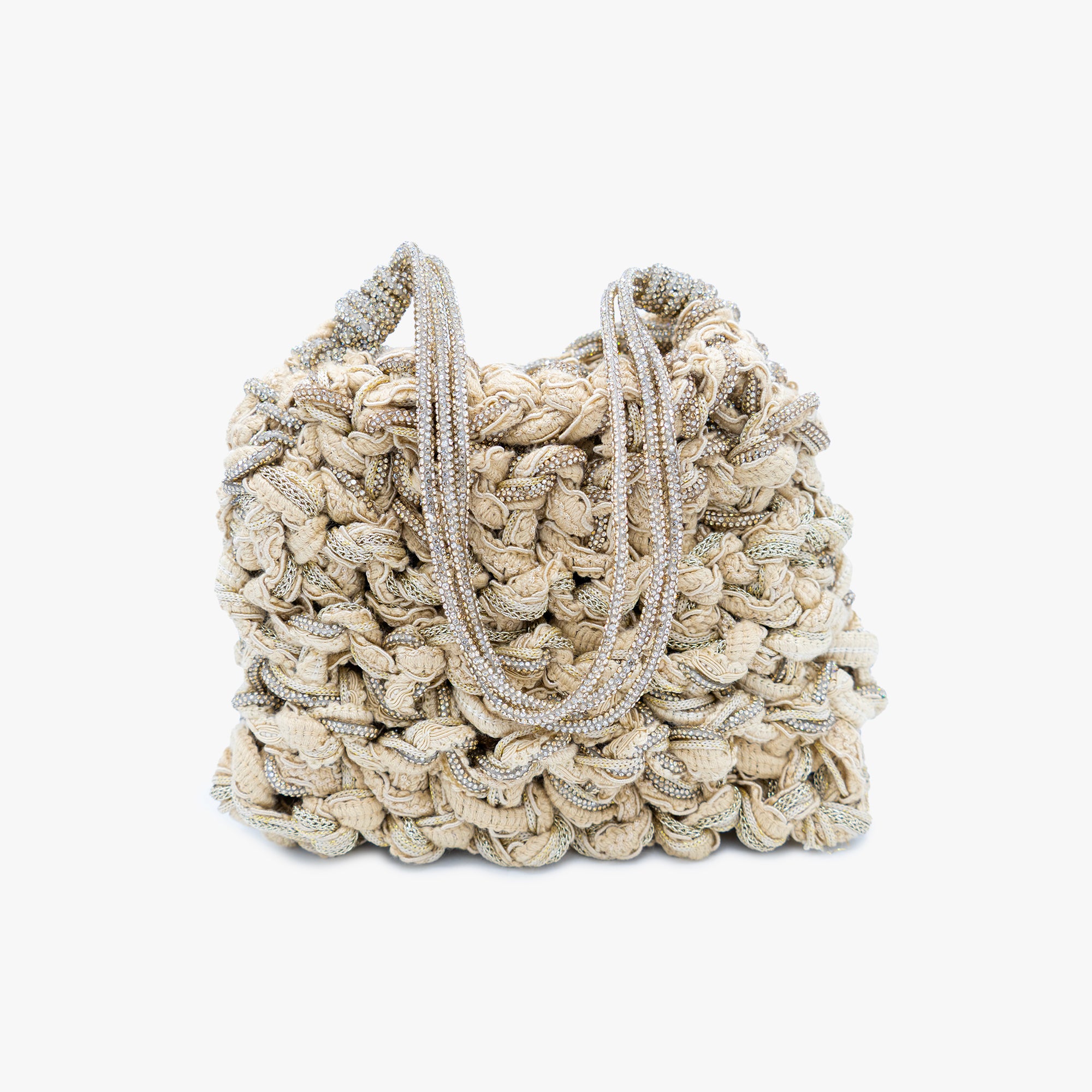 Mela One-of-a-Kind Linen Bag — handmade woven linen and Zirconia bag with sequin pouch and dual straps, made in South Italy