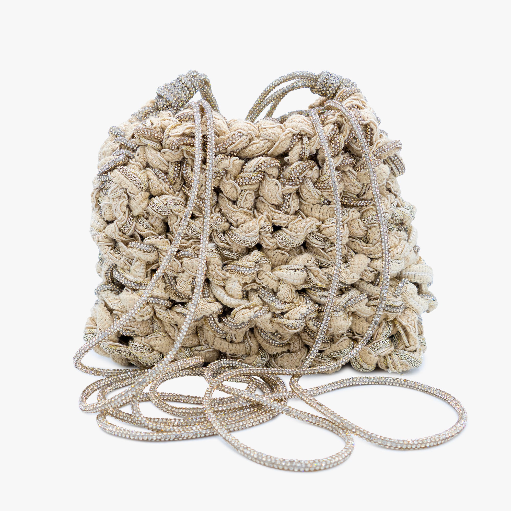 Mela One-of-a-Kind Linen Bag — handmade woven linen and Zirconia bag with sequin pouch and dual straps, made in South Italy
