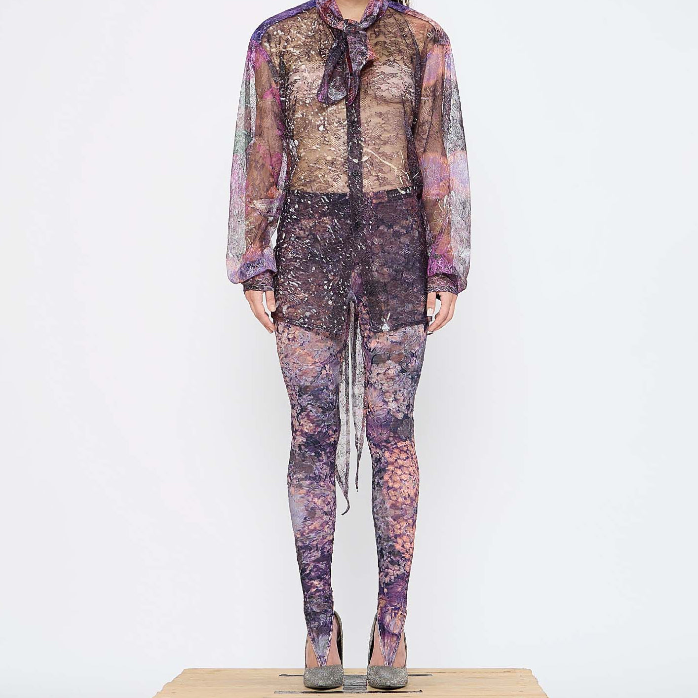 Barbara Bologna Sheer Print Open-Back Blouse — front view, sheer abstract print blouse with neck tie and voluminous sleeves in purple and mauve tones, made in Italy
