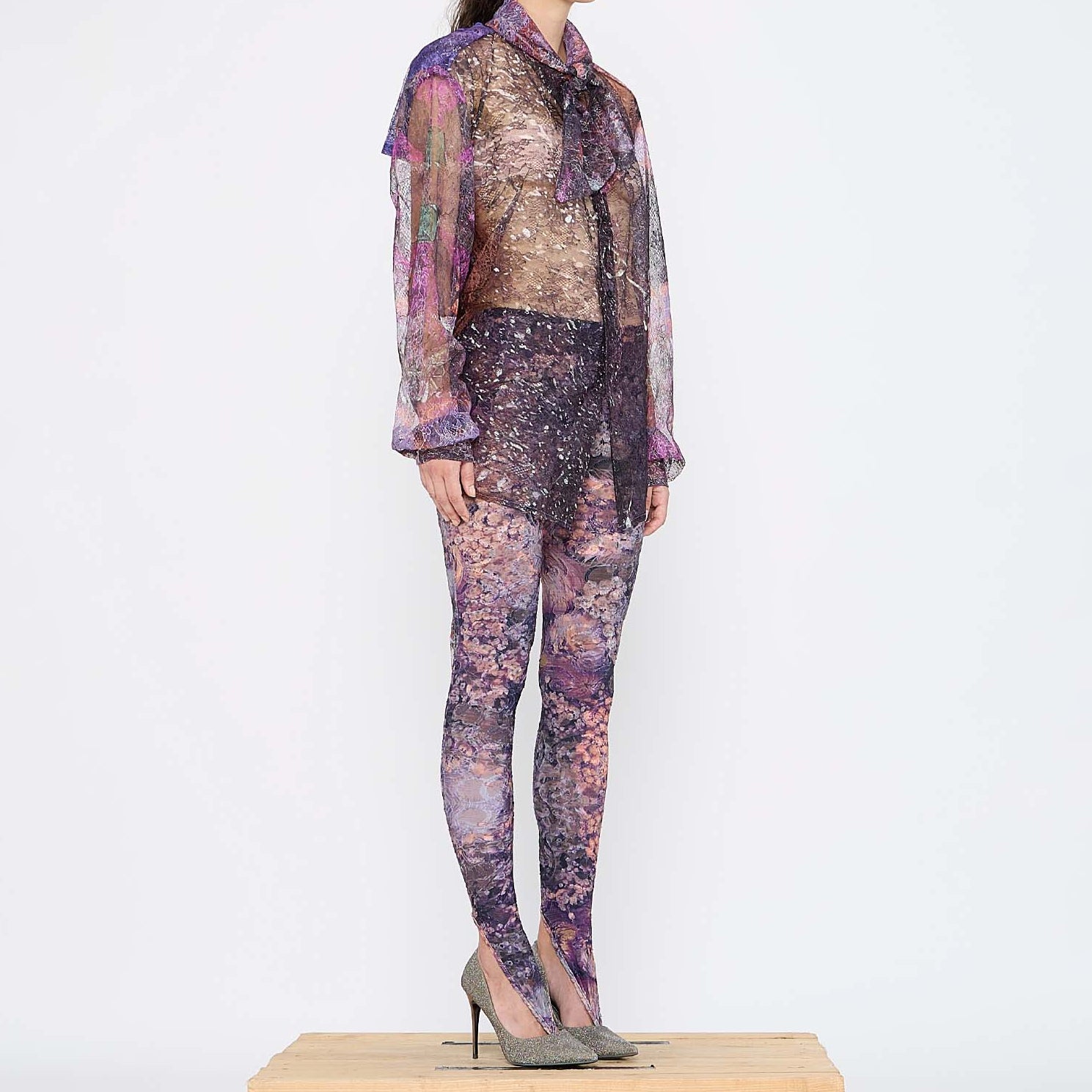 Barbara Bologna Sheer Print Open-Back Blouse —  side view, sheer abstract print blouse with neck tie and voluminous sleeves in purple and mauve tones, made in Italy