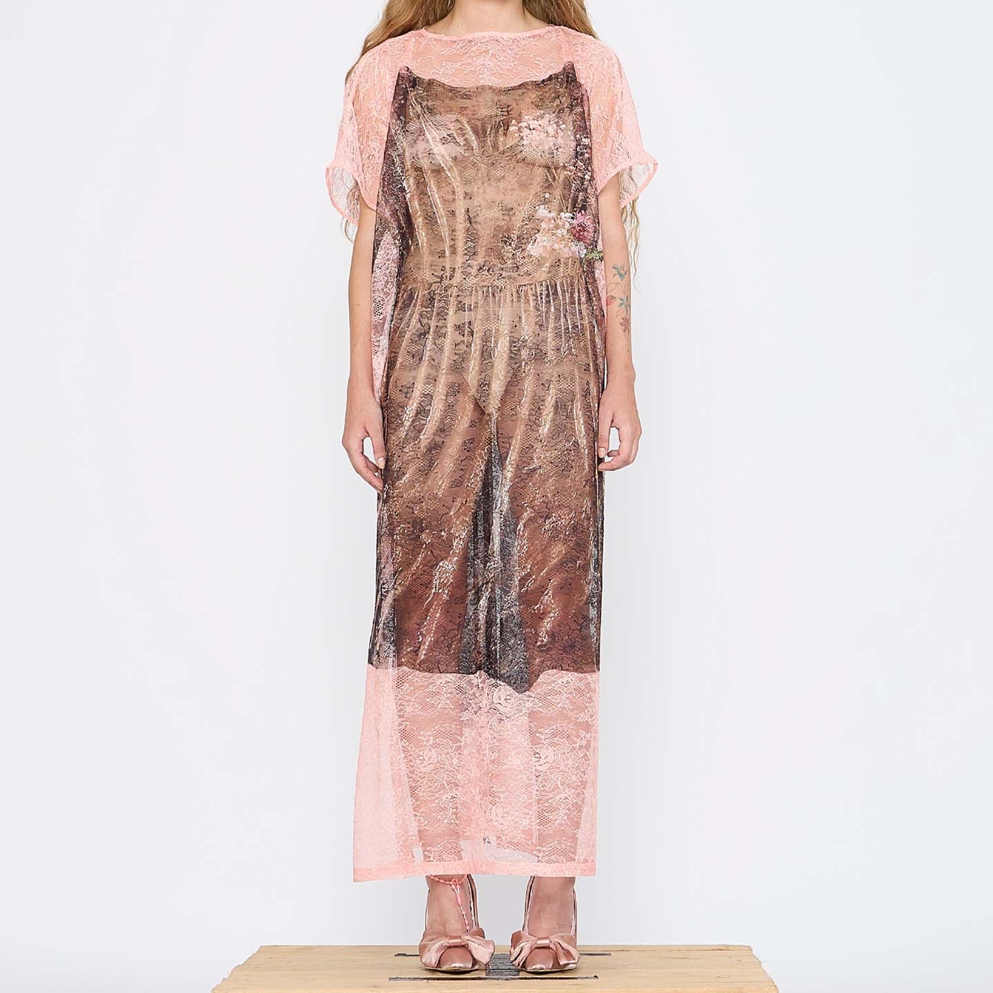 Barbara Bologna Sheer Print Tube Dress in blush pink and bronze, front view — sheer recycled polyester with flutter sleeves and all-over print, midi length
