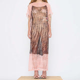 Barbara Bologna Sheer Print Tube Dress in blush pink and bronze, front view — sheer recycled polyester with flutter sleeves and all-over print, midi length