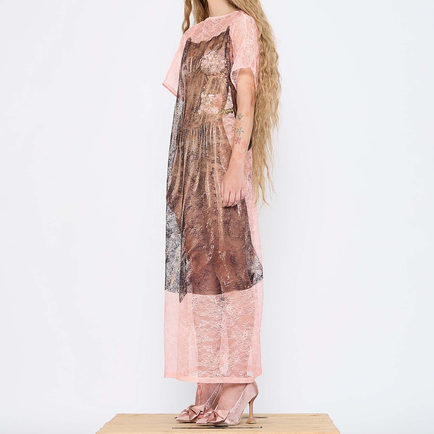 Barbara Bologna Sheer Print Tube Dress, side view — sheer layered silhouette with flutter sleeves and midi length