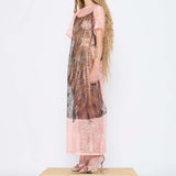 Barbara Bologna Sheer Print Tube Dress, side view — sheer layered silhouette with flutter sleeves and midi length