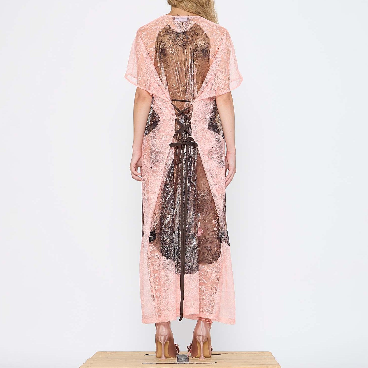 Barbara Bologna Sheer Print Tube Dress, back view — open corseted back with adjustable dark brown lace-up tie detail