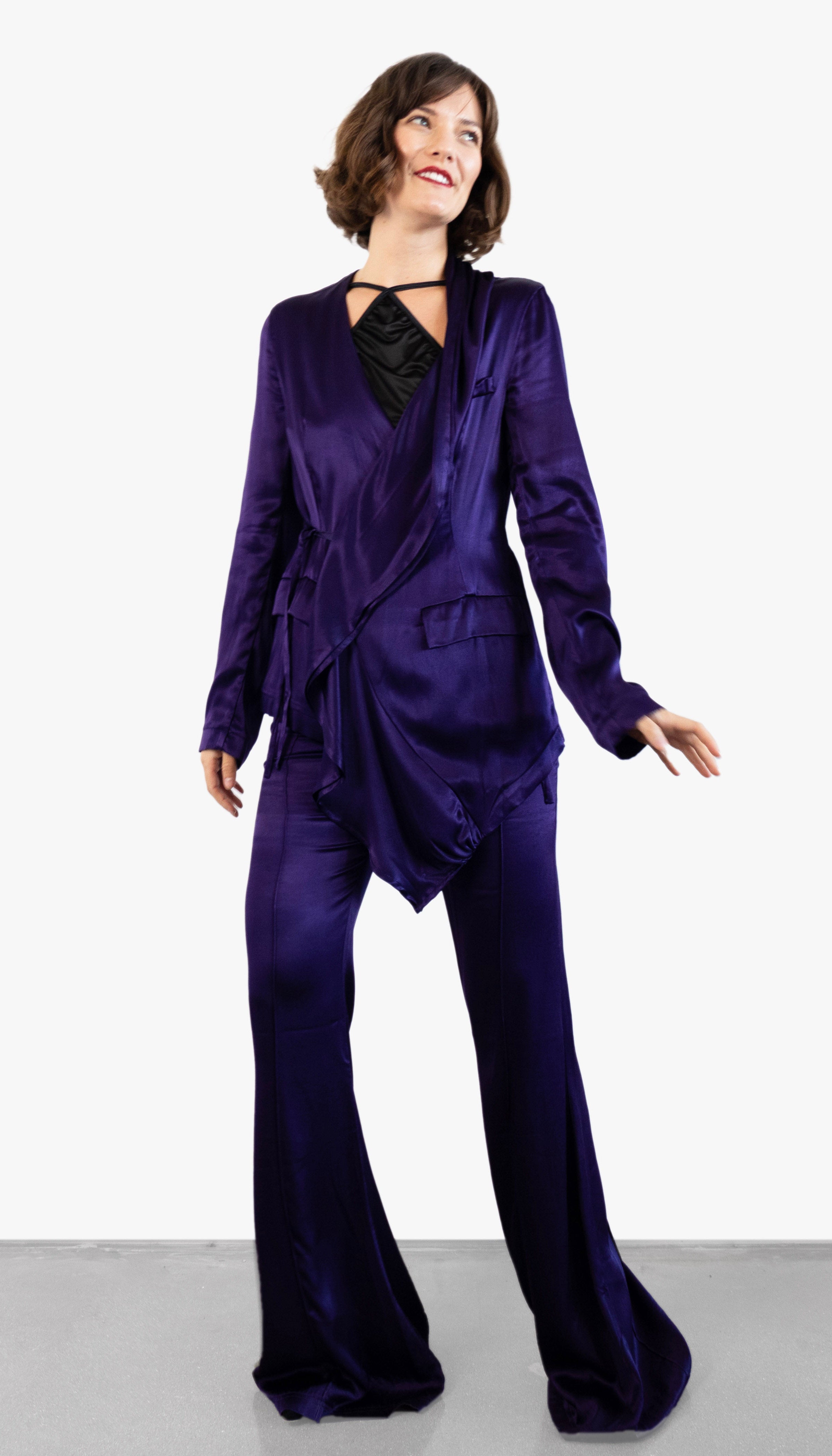 Model wearing Barbara Bologna purple suit
