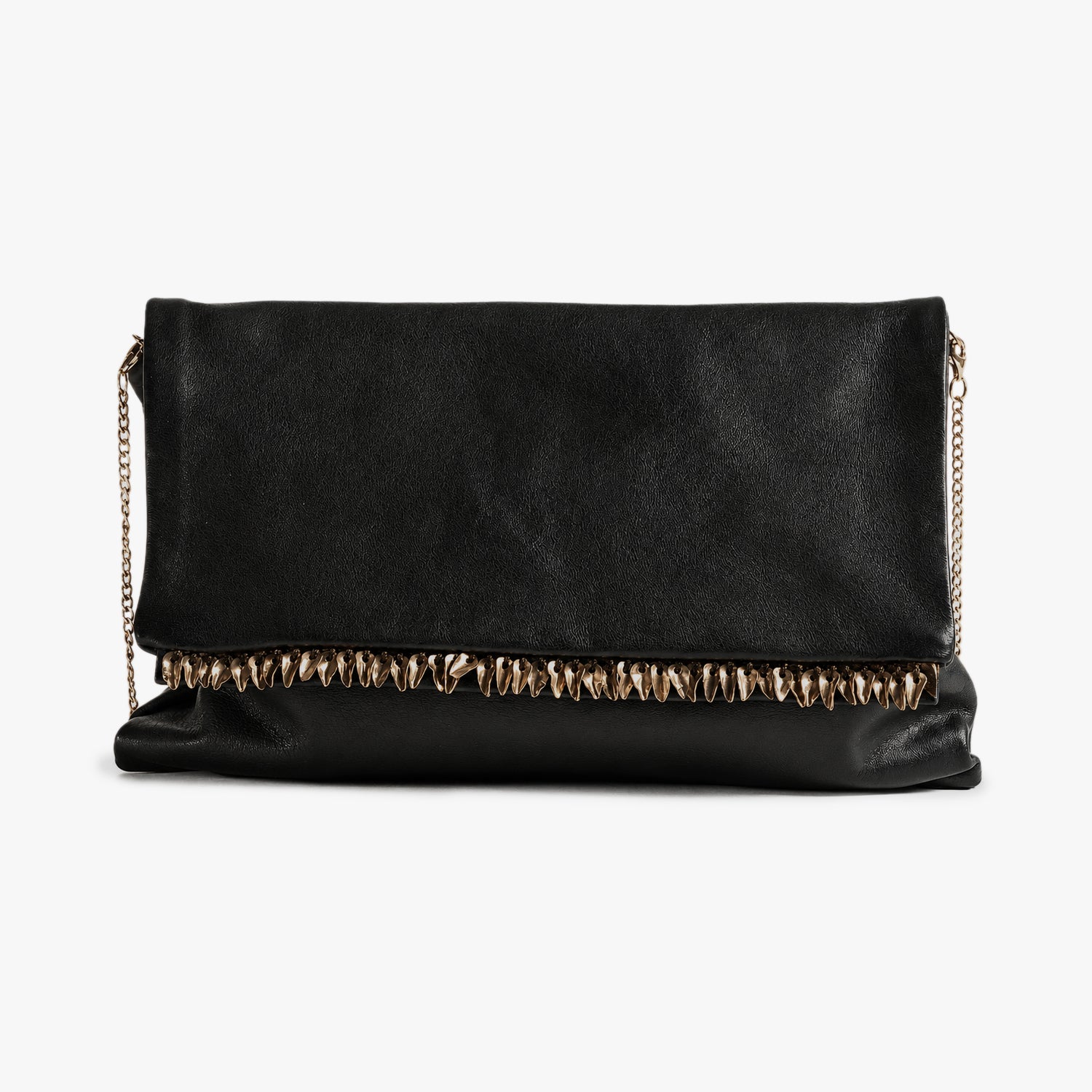 A black envelope clutch bag with a textured finish, featuring a decorative row of gold-toned studs across the front flap and a gold chain strap on either side, shown against a plain white background.