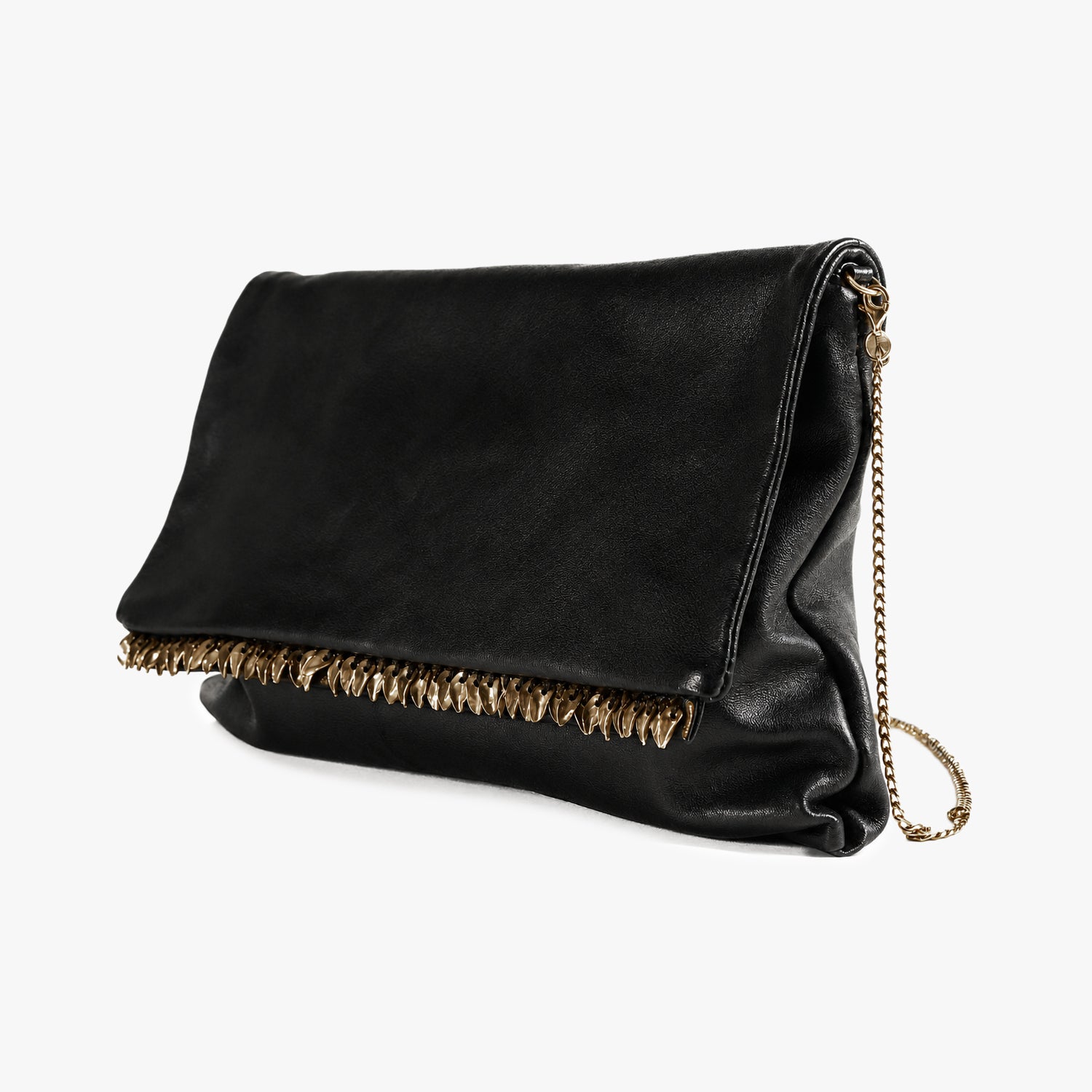A black leather clutch bag with a gold-tone chain strap and a decorative fringe of small gold-tone beads along the bottom edge, shown on a light gray background.
