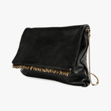 A black leather clutch bag with a gold-tone chain strap and a decorative fringe of small gold-tone beads along the bottom edge, shown on a light gray background.