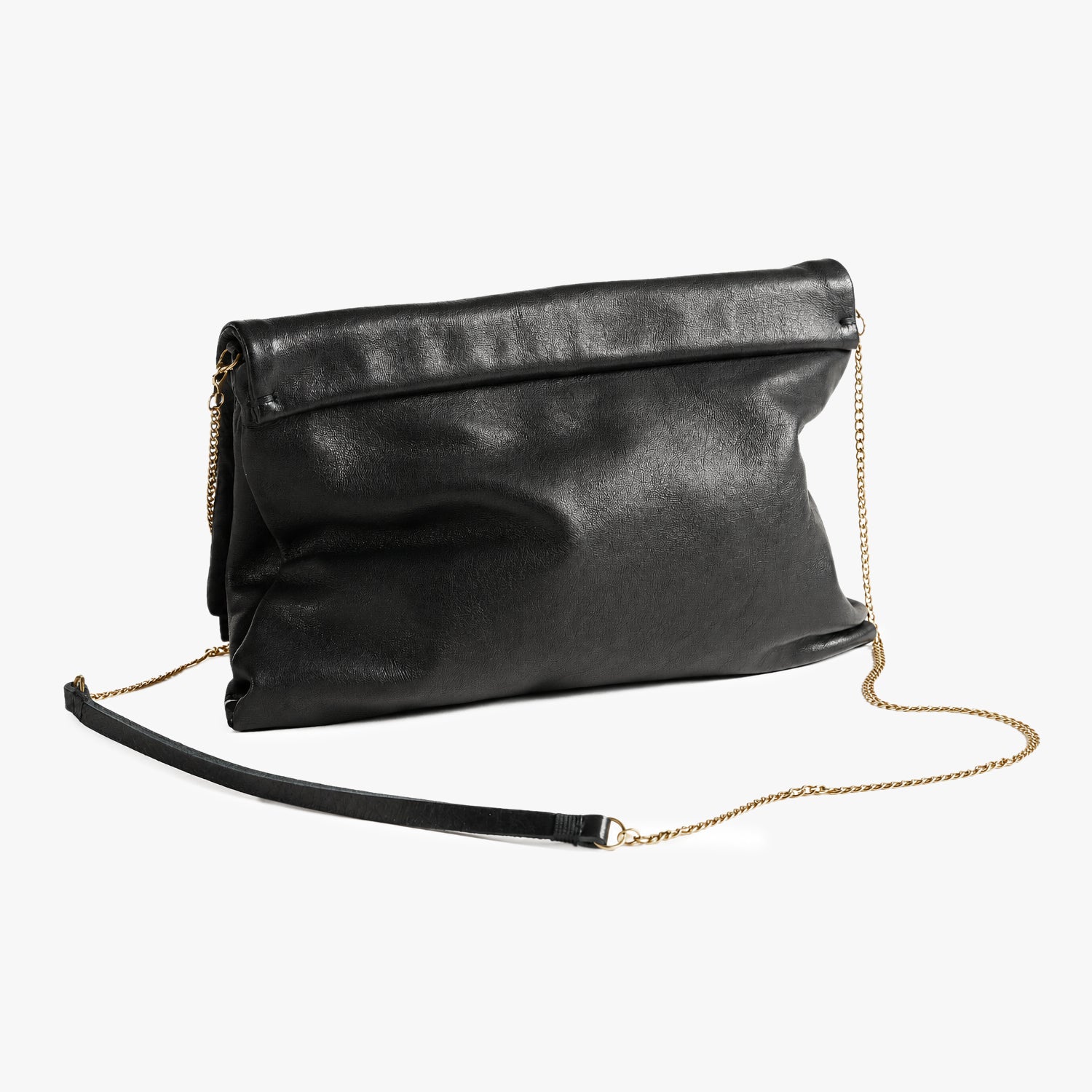 A black leather envelope clutch bag with a gold chain strap and a detachable black leather shoulder strap, shown on a light gray background.