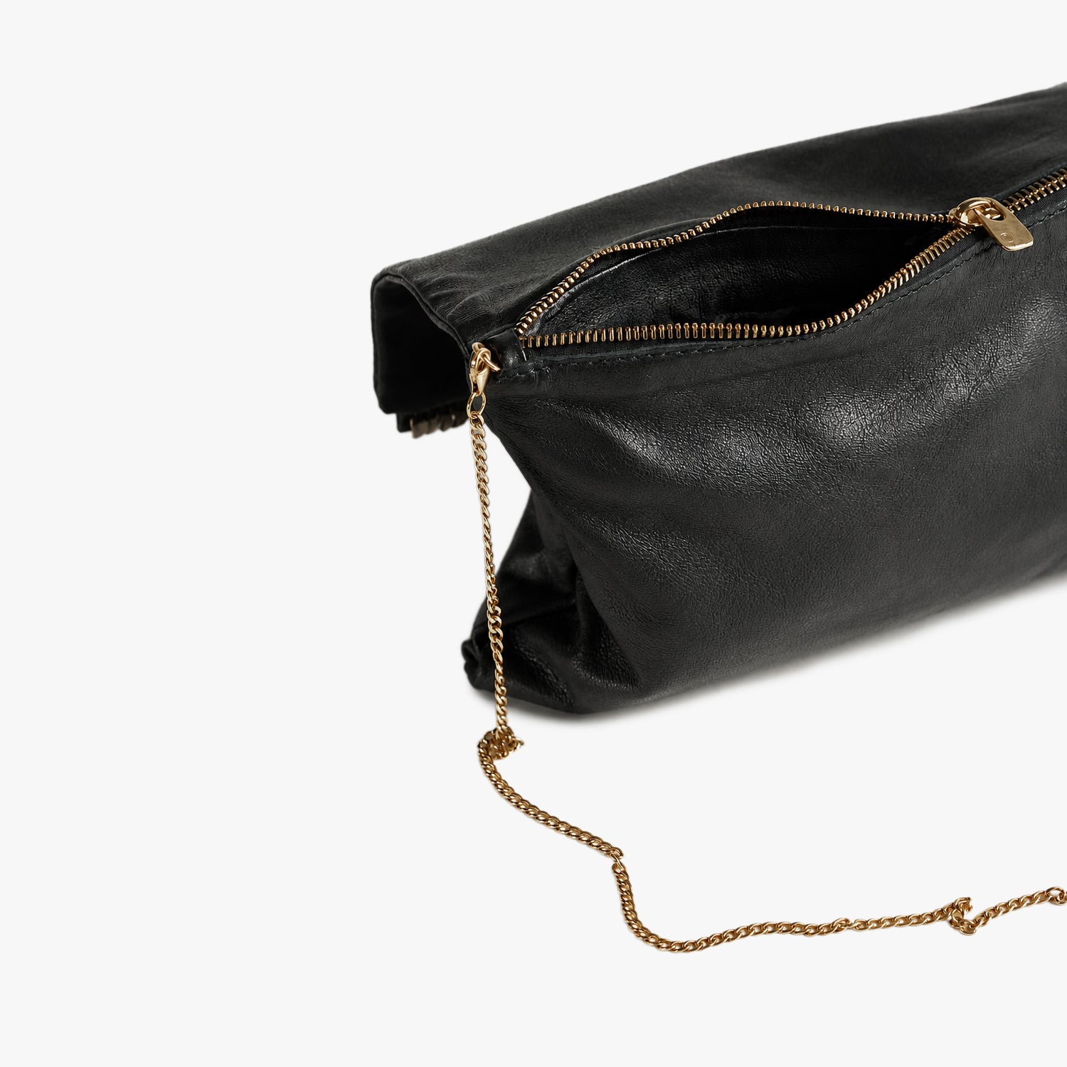 A close-up of a black leather clutch bag with a gold-tone chain strap and gold zipper, shown on a clean white background.