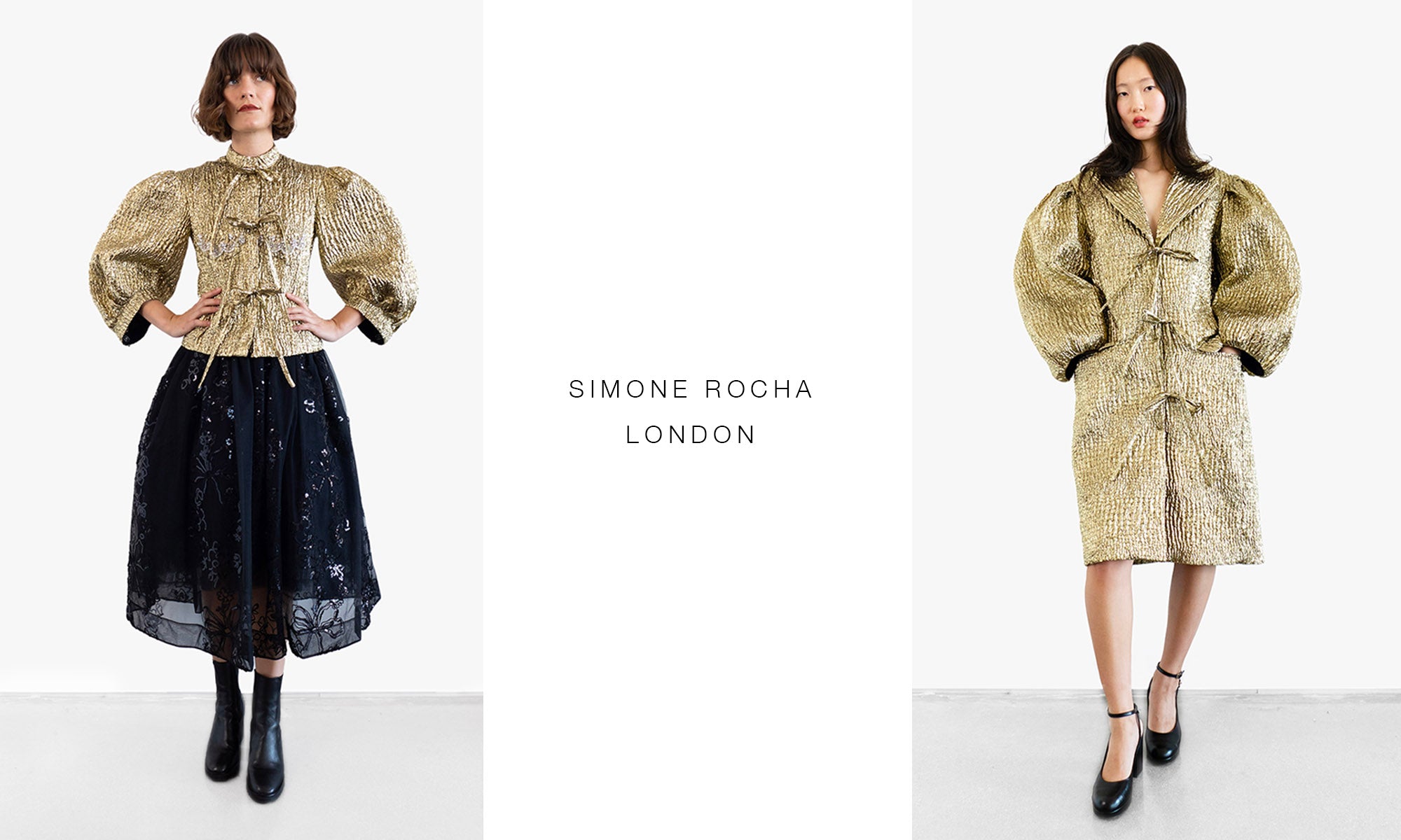 Models wearing Simone Rocha gold jacket and coat