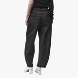 Back view of black barrel jeans