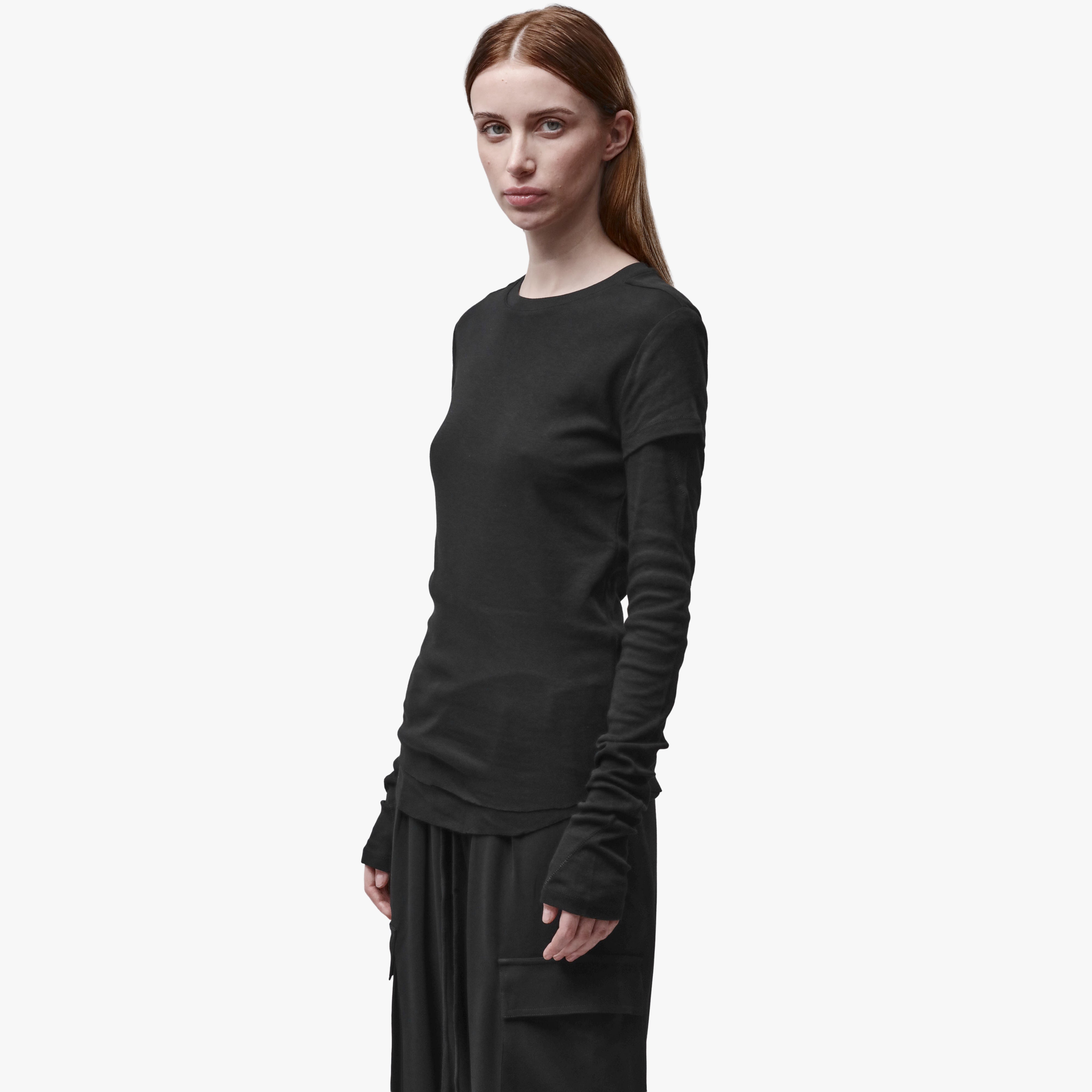 A woman wearing a crew neck t-shirt