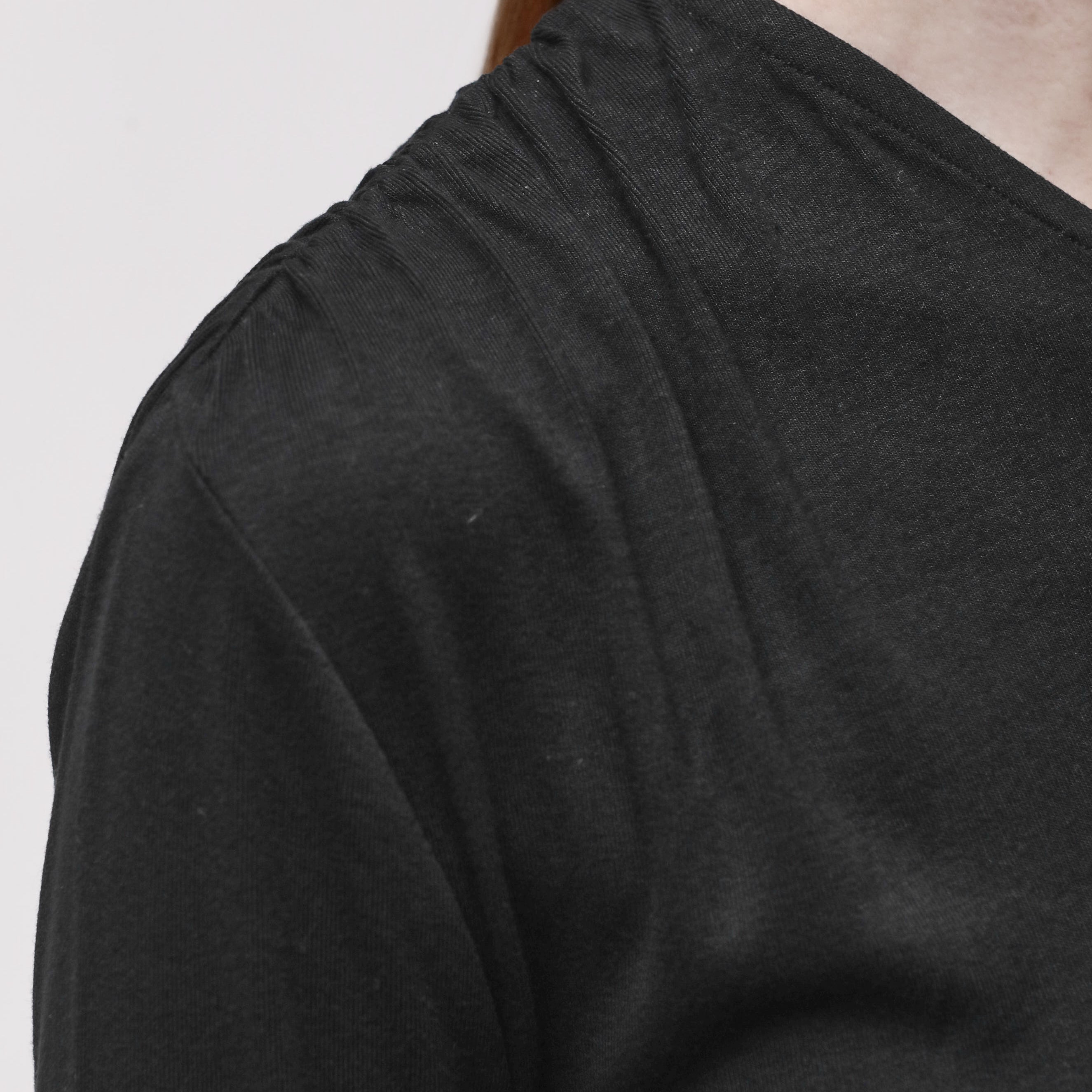 Shoulder detail of a black t-shirt
