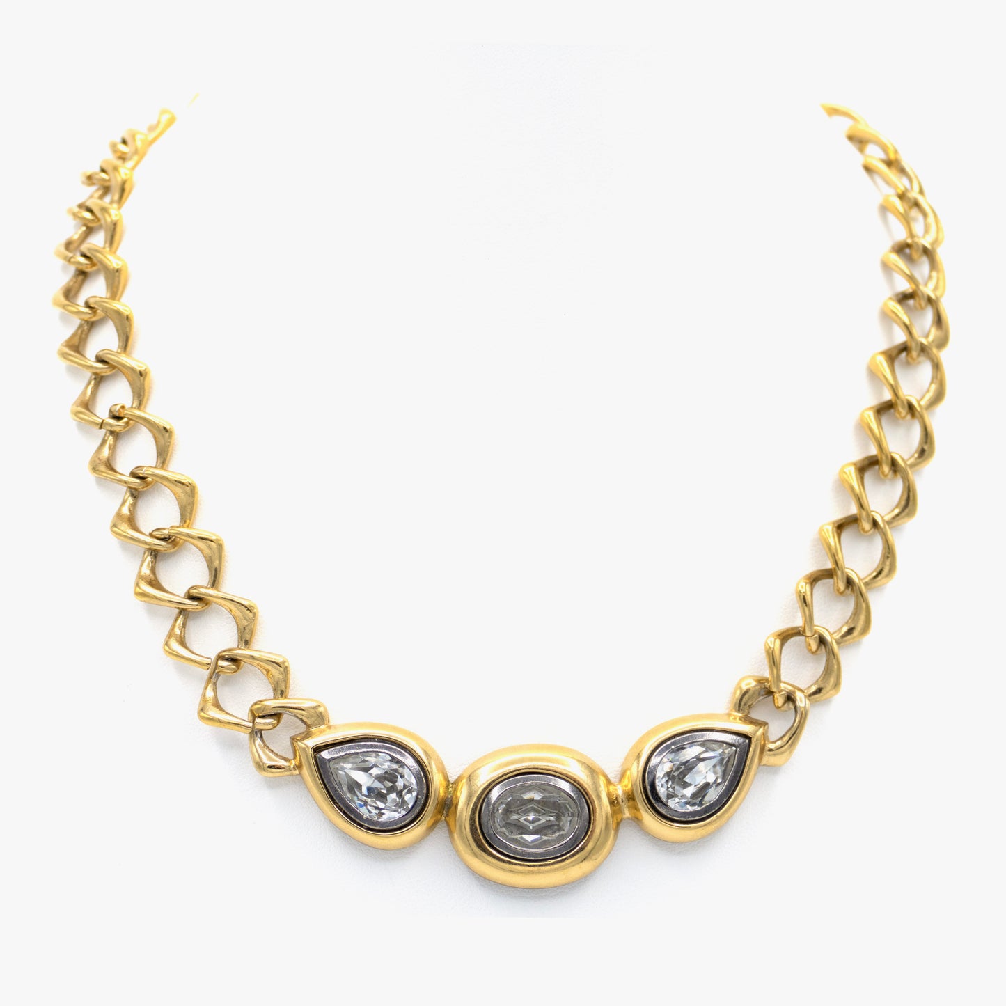 vintage ysl necklace from 1980's with gold tone chain and clear stones
