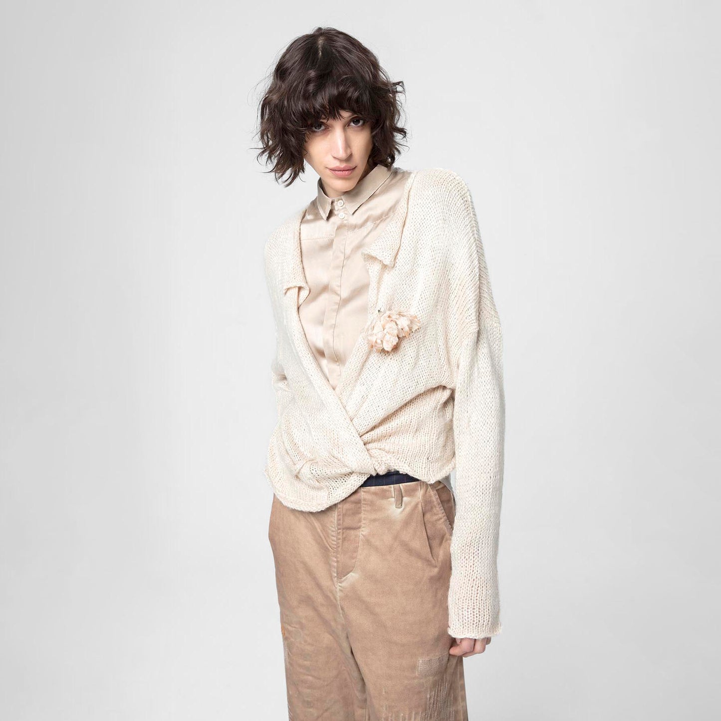 Hand Knit Cardigan with Silk Flower