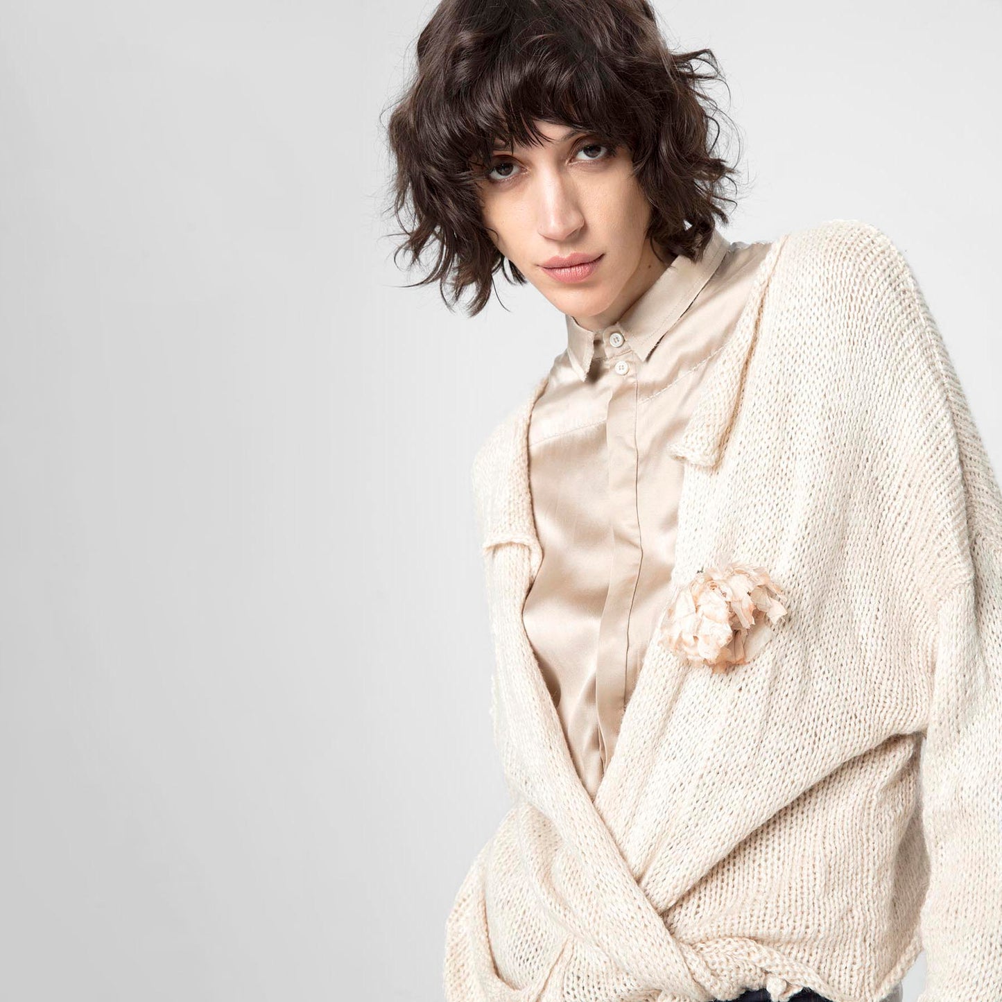 Hand Knit Cardigan with Silk Flower
