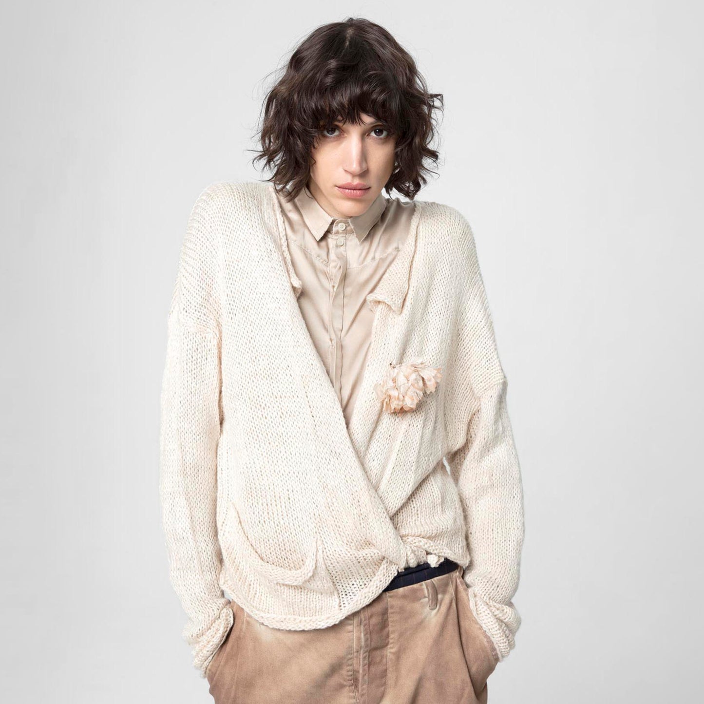 Hand Knit Cardigan with Silk Flower